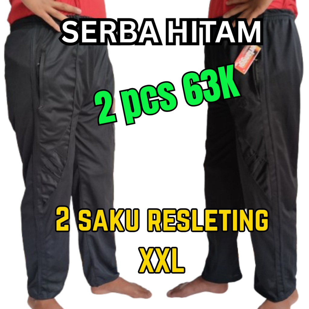 2 pcs Celana Training 2 saku resleting SERBA HITAM/Celana Olahraga SERBA HITAM Pria wanita murah nya