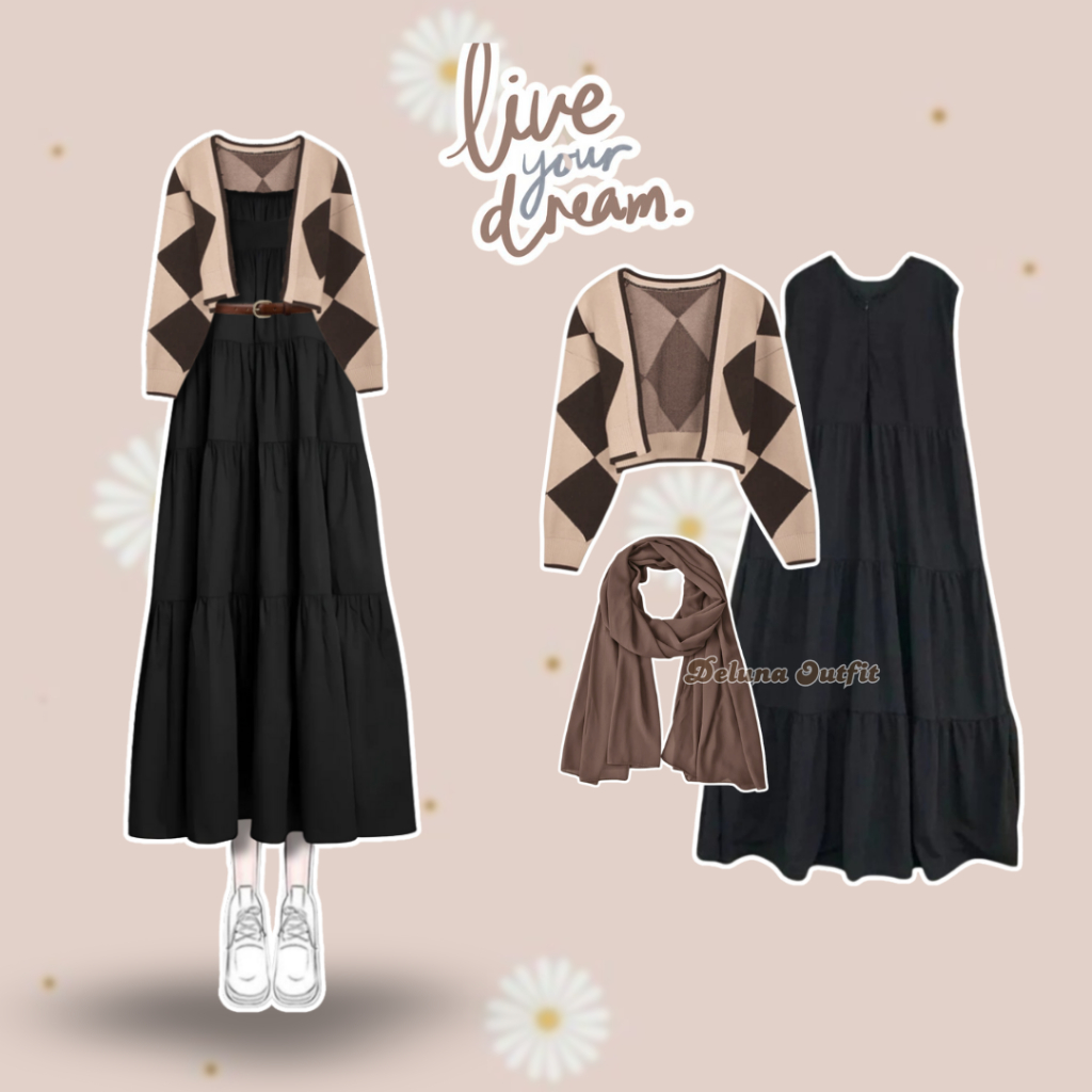 Deluna Outfit - 3 In 1 One Set Wanita Korean Style Outfit Pantai Wanita Hijab Buat Healing Daily Hij