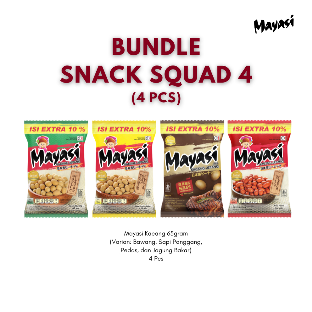 

BUNDLE SNACK SQUAD 4 Mayasi Kacang 65 gr + 10% Mix Rasa (4 pcs)