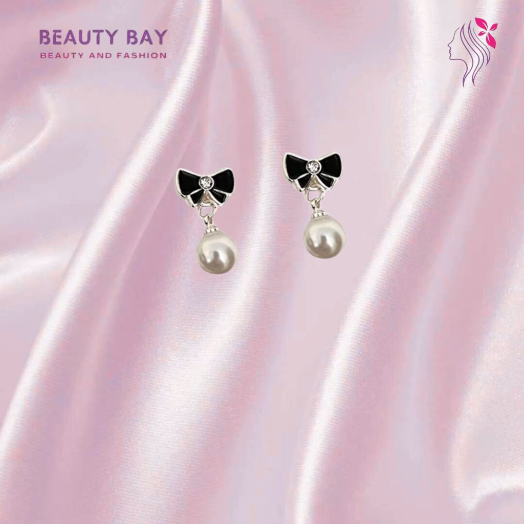 Anting Wanita Motif Pita Hitam dan Mutiara Putih Simpel Korean Style Elegan Giwang Titanium Asli Ori