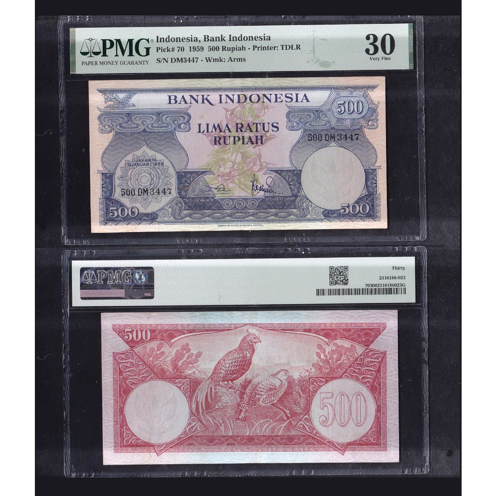 Uang kuno PMG 30 - 500 rupiah tahun 1959 Emisi Bunga dan Burung S/N DM3447