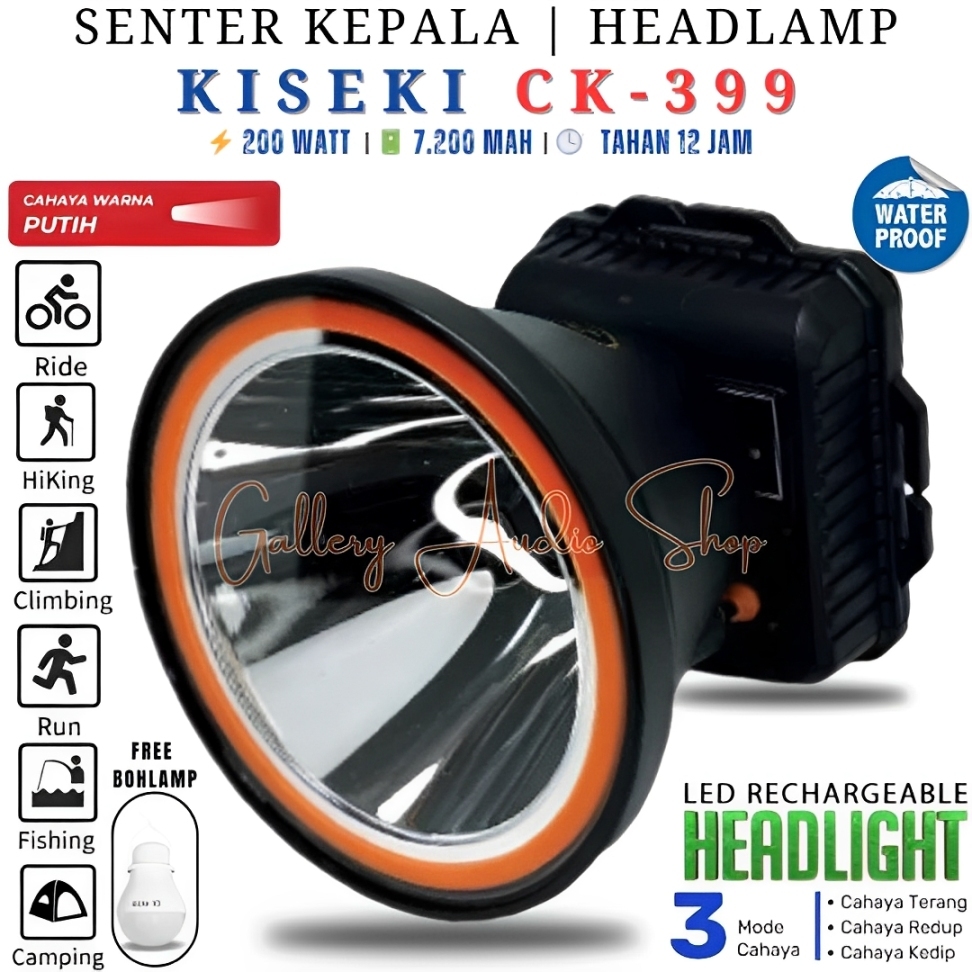 HeadLamp LED Waterproof KISEKI CK-399 200 W | Senter Kepala KISEKI 200 Watt CK-399 Cahaya Putih Bate