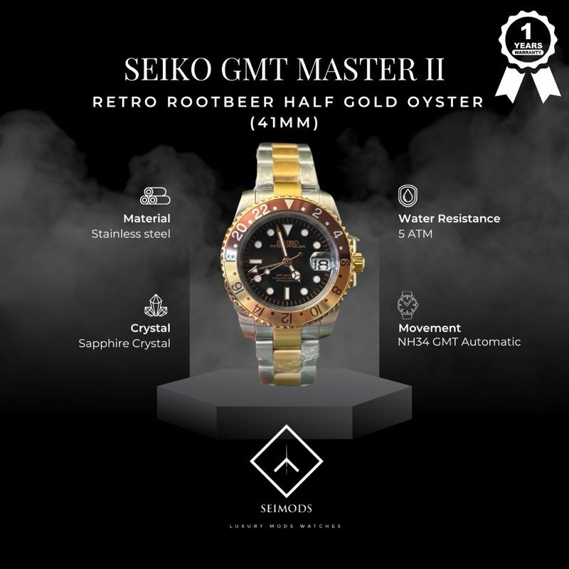 Jam Tangan Seiko Mod GMT Rootbeer Gold Vintage Retro NH34 Automatic Watch Seikolex