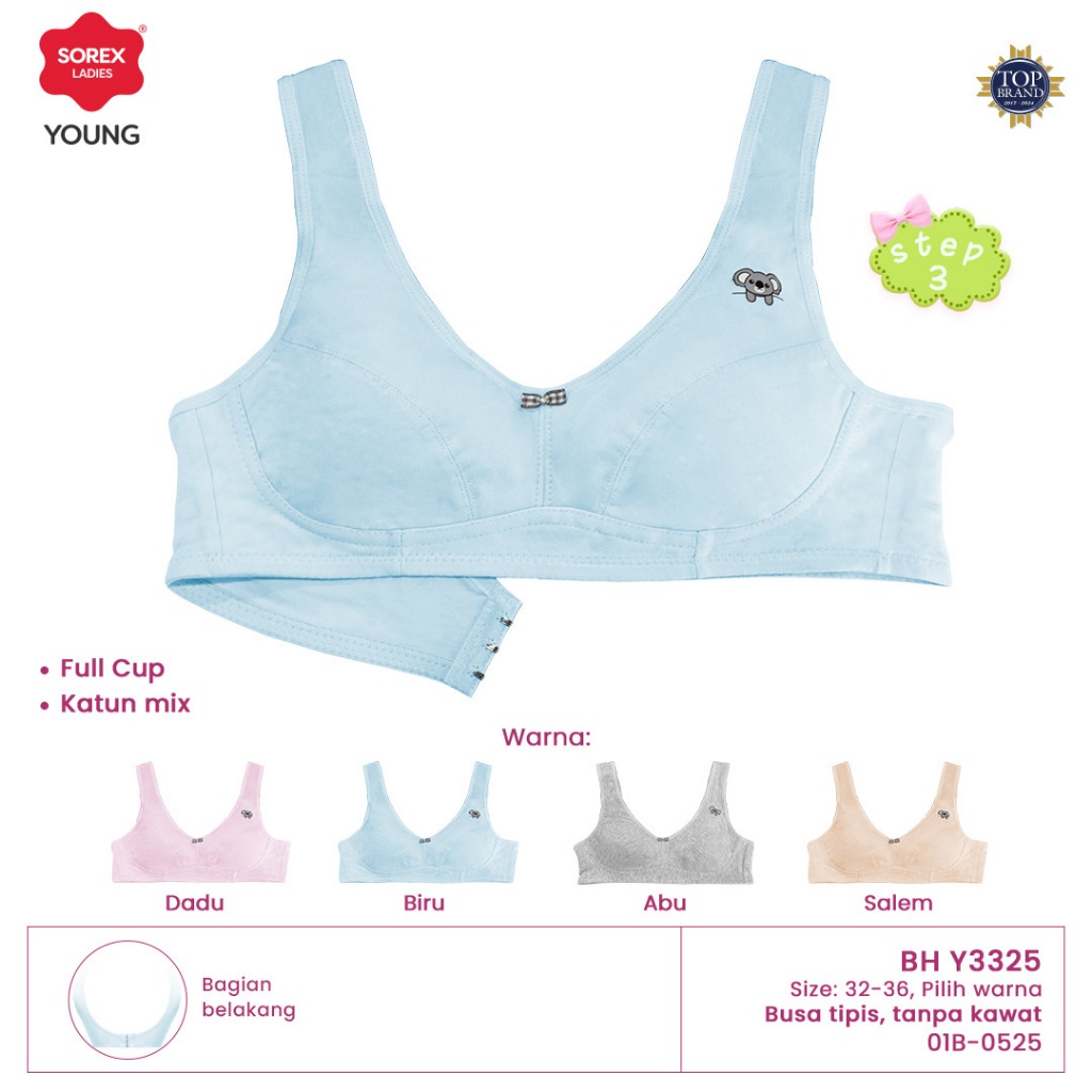 Sorex Young Bra Remaja Busa Tipis Tanpa Kawat Kait 3 Setara Cup A-B Full Cup Step 3 Harian BH Y 3325