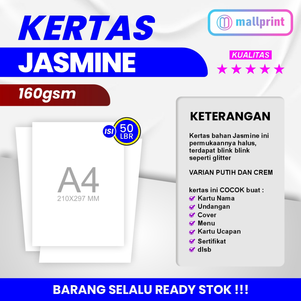 

Kertas Jasmine 160gsm uk. A4 cocok untuk undangan, sertifikat dll (1 pak Isi 50 lembar)