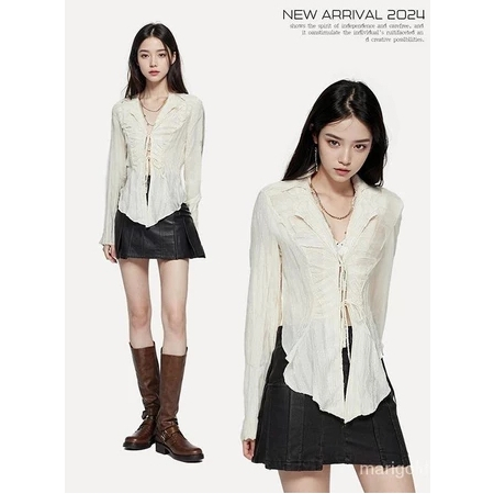 Ready Kemeja Putih Pita Pita Atasan Chiffon/Kemeja kekinian Crop wanita lengan panjang/Kemeja Atasan