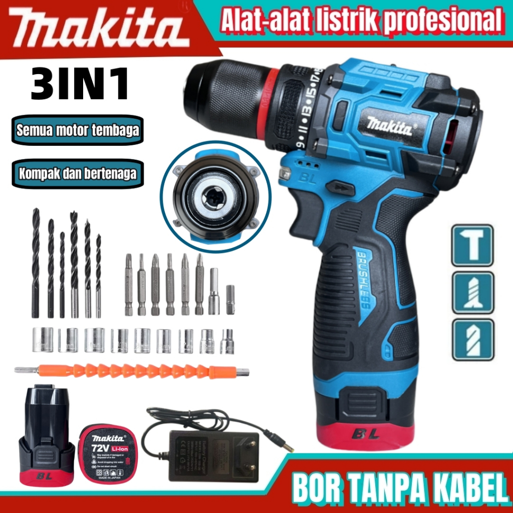Makita Bor Dampak  Bor Genggam Tanpa Kabel Bor Tanpa Kabel 72V Set Aksesori Lengkap 2 Baterai Lithiu