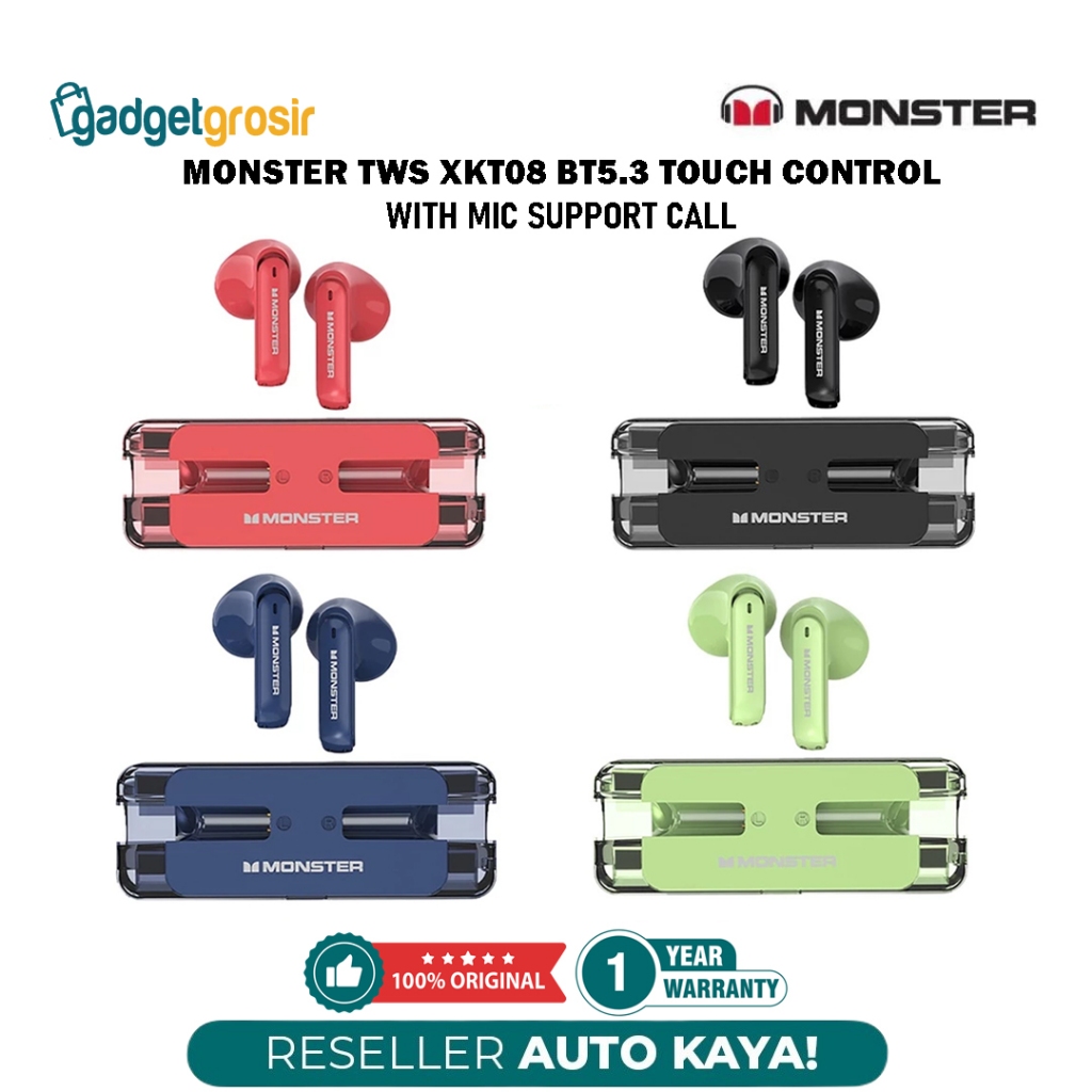 TWS Monster XKT08 Wireless Bluetooth Earphone Headset Headphone Earbuds Gaming  Original With Microp