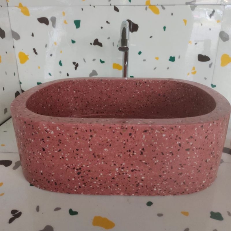 Wastafel Terazzo Model Oval | Wastafel Minimalis Aesthetic | Wastafel Cuci Tangan | Free Packing Kay