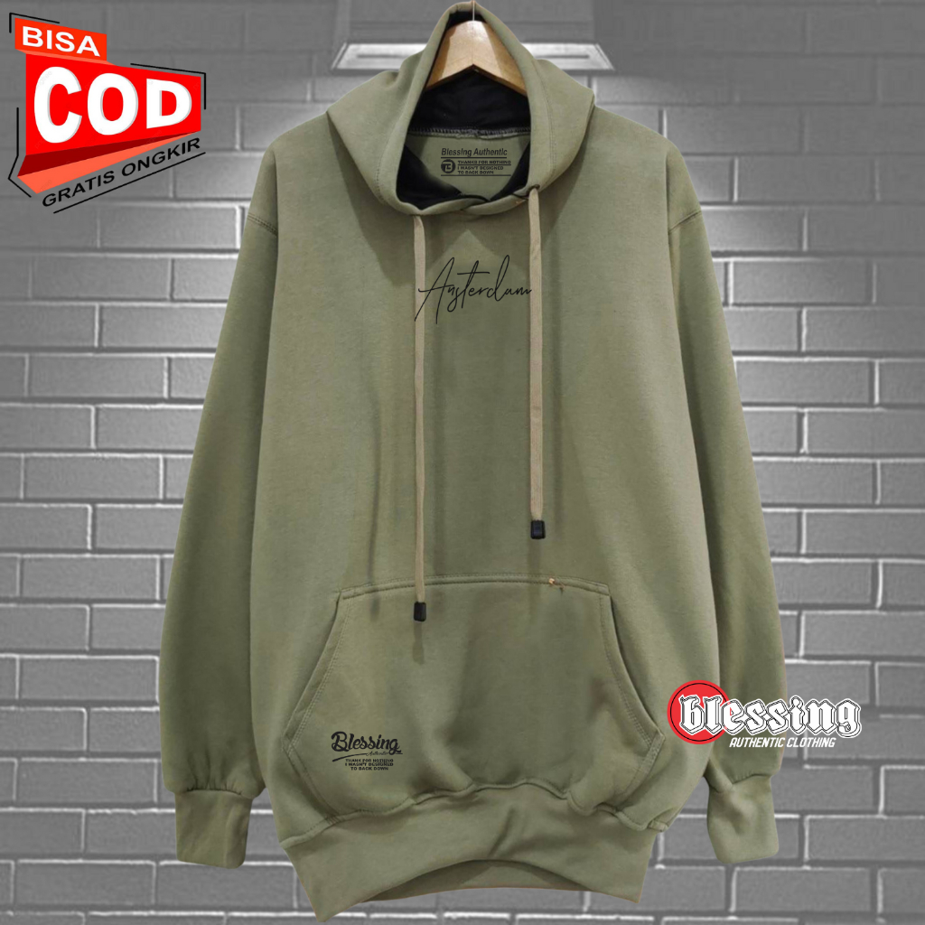 Jaket Hoodie Pria Aesthetic Warna Olive List Amsterdam Sweater Hodie Cowok Oversize Cod Bahan Fleece