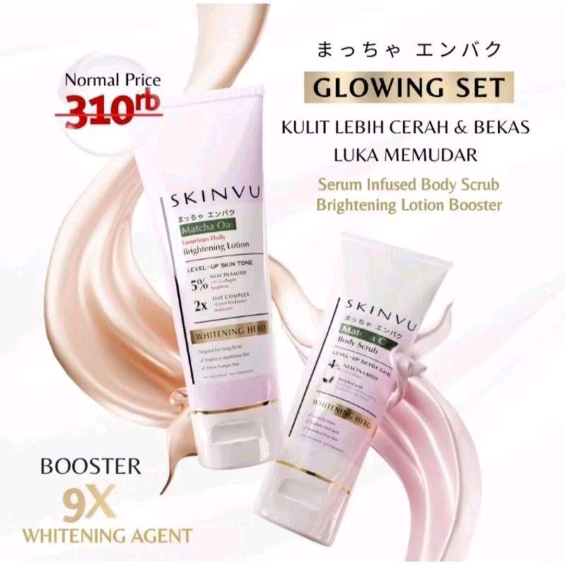 Skinvu whitening glowing set body care,  body scrub lulur pemutih&lotion booster Mencerahkan Tubuh W