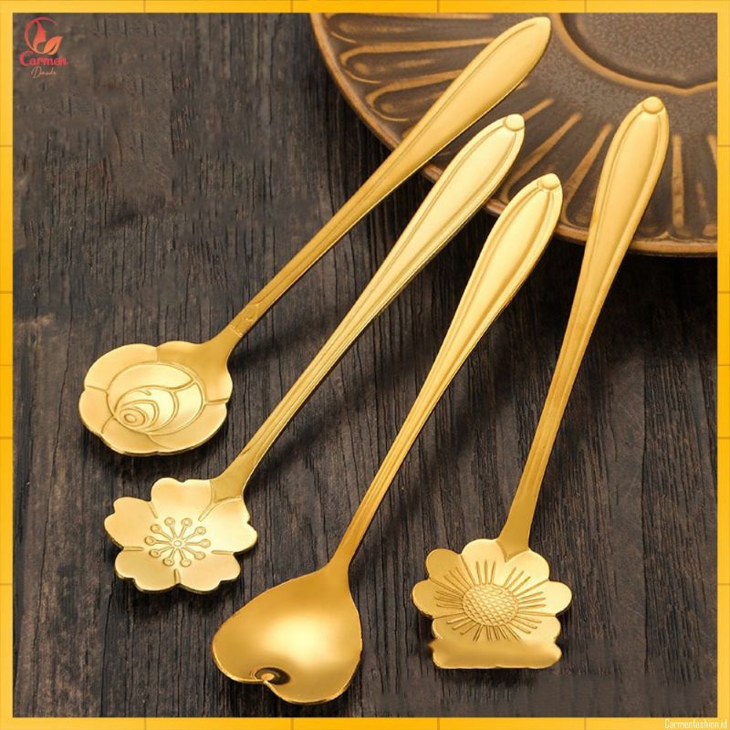 Sendok Teh Kopi MINI KECIL Stainless Steel Sendok Mini Motif Love Elegant Warna Gold Sendok Bunga Em