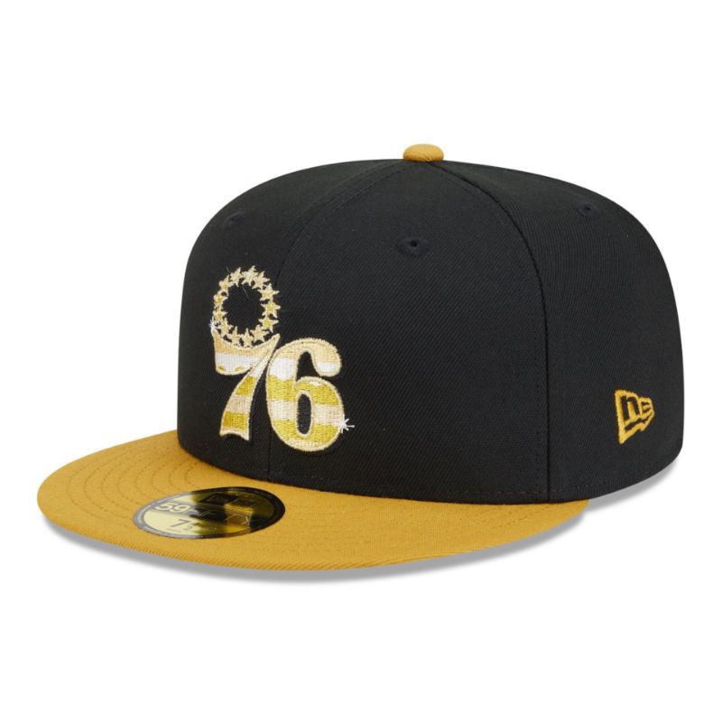 Topi New Era Cap Philadelphia 76ers Metallic Gold Logo 59Fifty Day 59Fifty Fitted Hat Original