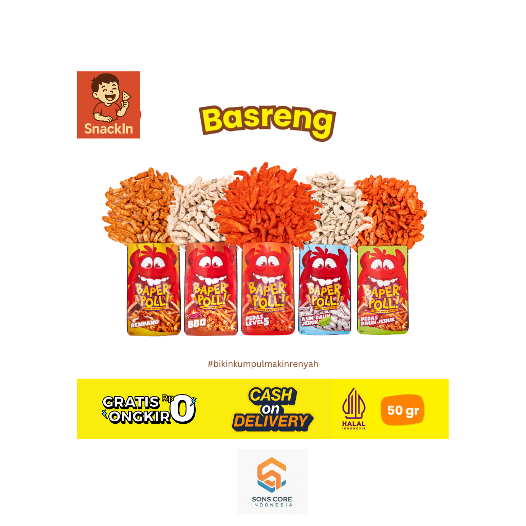 

SNACKIN Cemilan Basreng Baperpoll Basreng-isi 50gr Beli 4 Gratis Ongkir