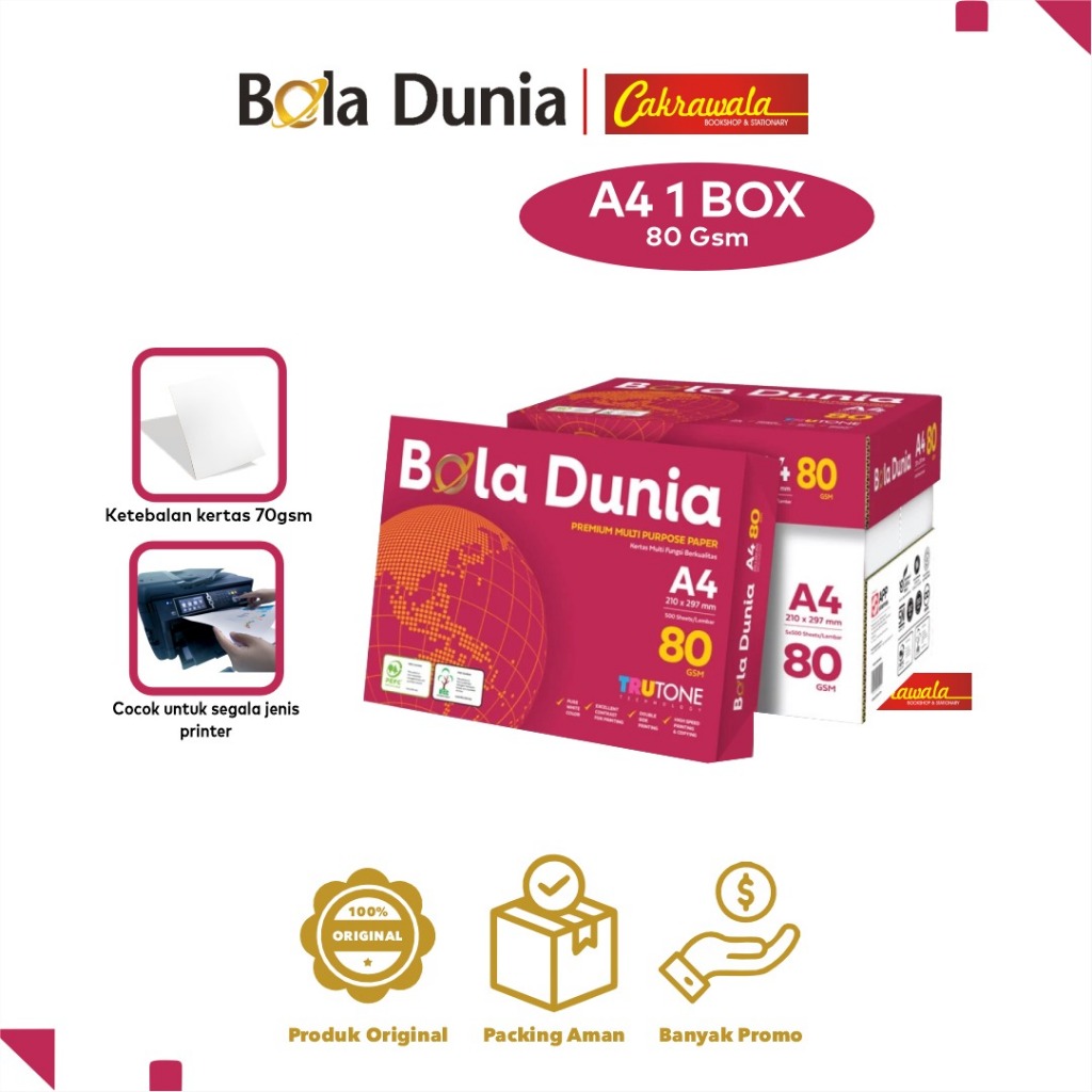 

Kertas HVS Bola Dunia A4 80 GSM – 1 Boks Isi 5 Rim (2500 Lembar) | Kertas Print & Fotocopy