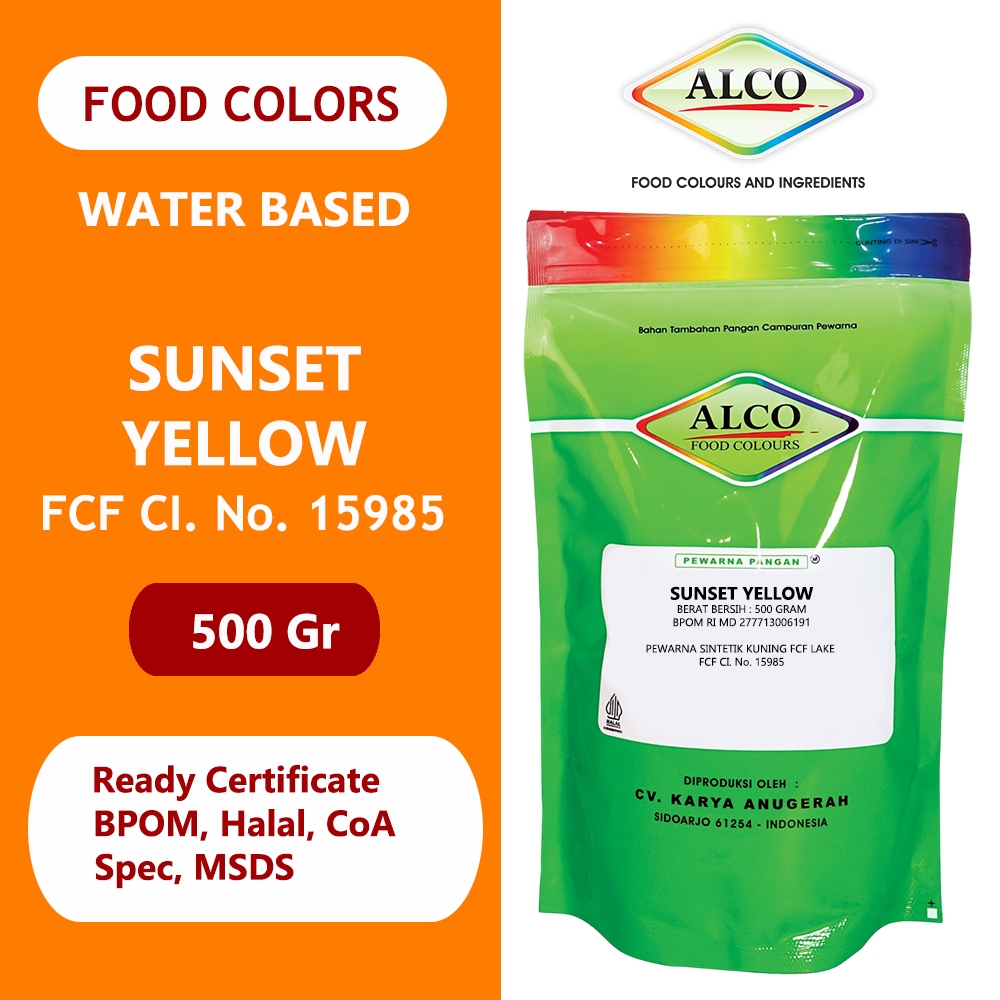 

Pewarna Makanan Minuman Kue Bubuk SUNSET YELLOW FCF CI 15985 Water Based Soluble ALCO 500 gr Single Colour