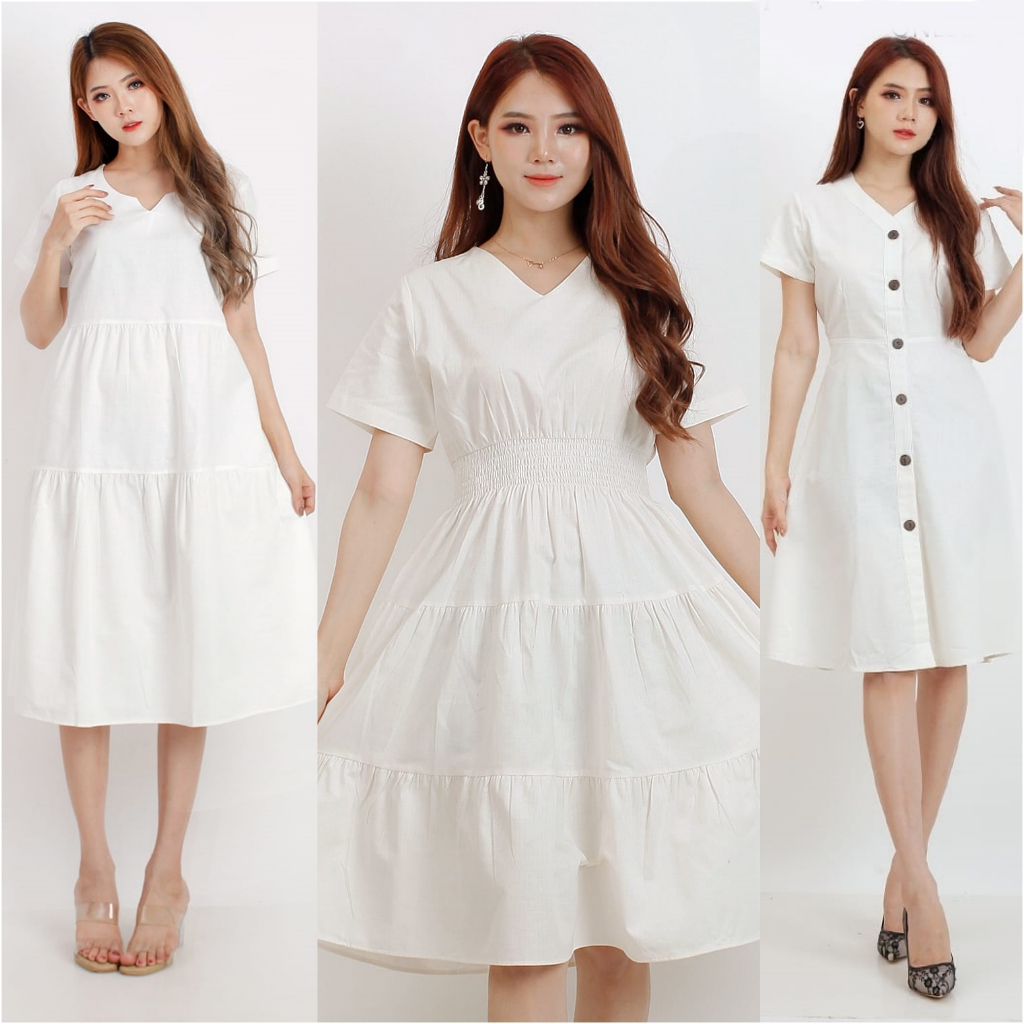 Baju Midi Dress Lebaran Putih White Long Dress Korean Style Basic Dress Wanita Vintage Gaun Terusan 