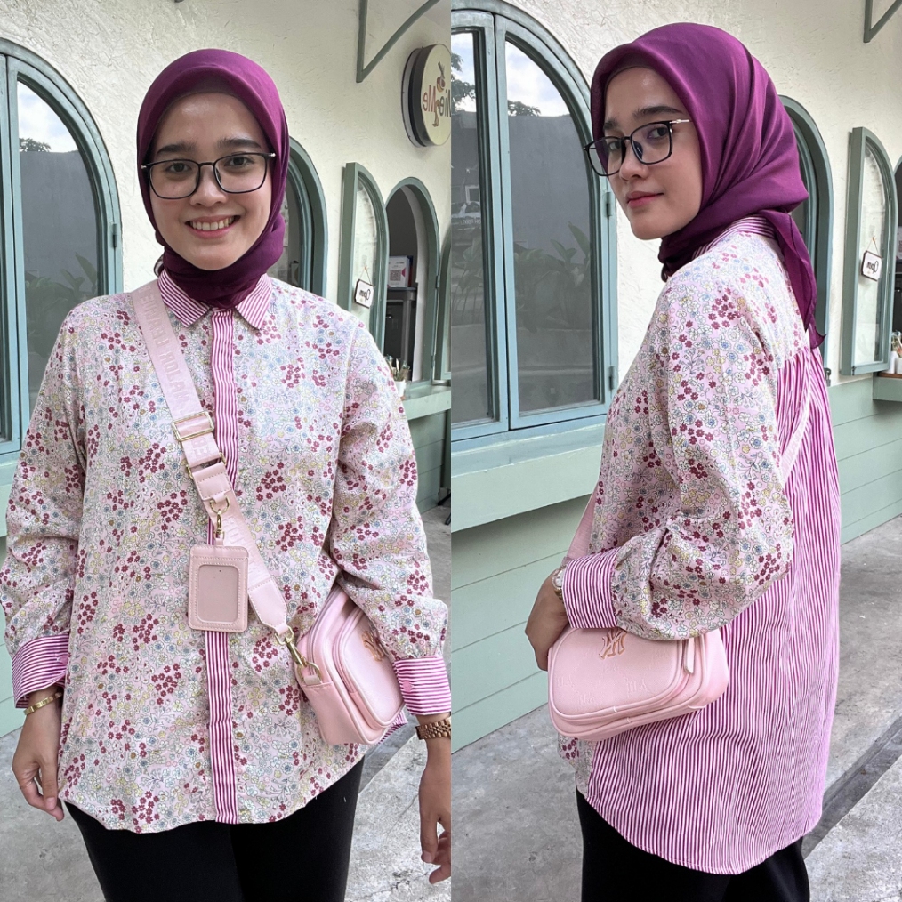 Kemeja Atasan Wanita Blouse Bahan Katun Jepang Motif Salur Bunga Gardenia Top
