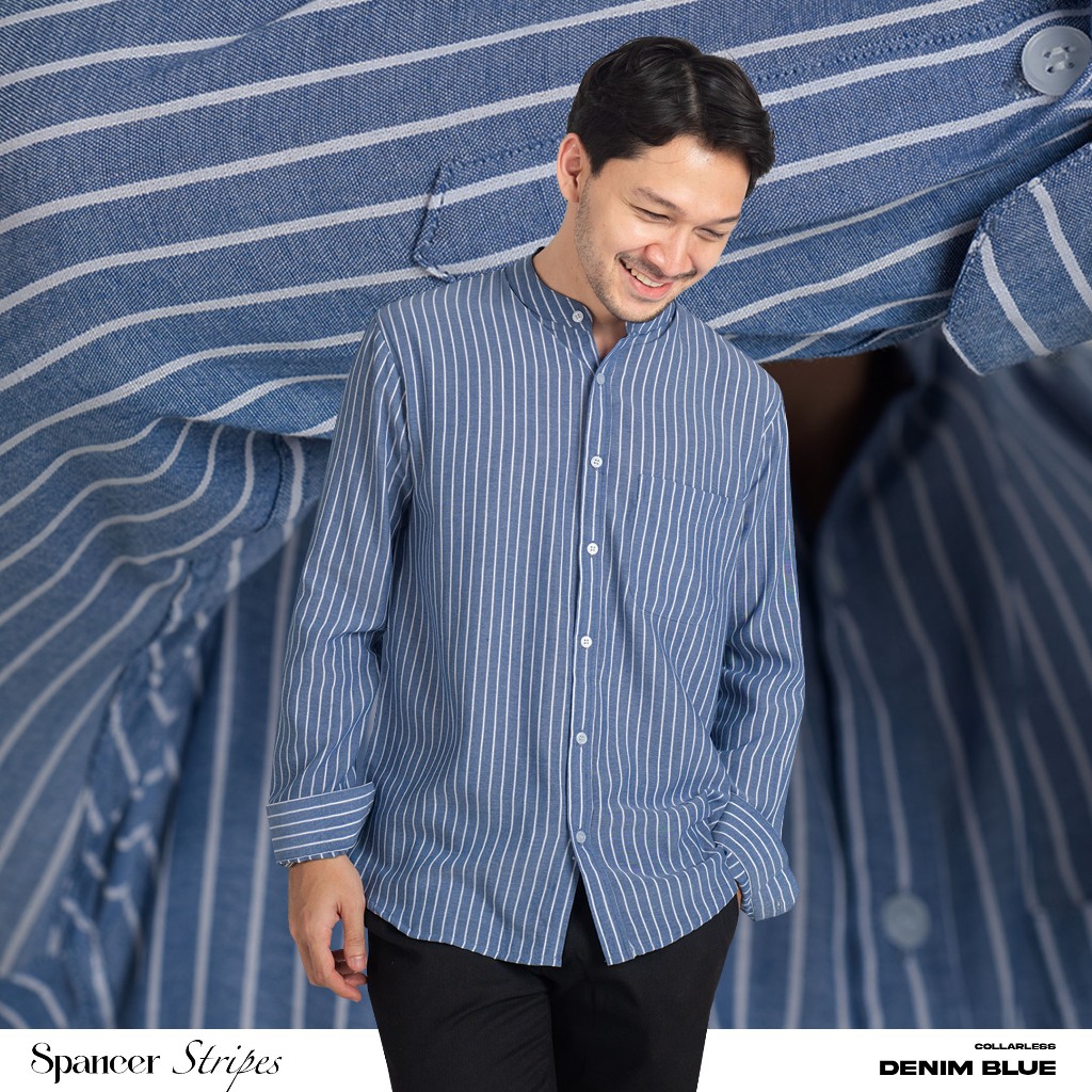 Kemeja Koko Garis Pria WOODCUTTER Collarless Spancer Stripes Kerah Shanghai - Denim Blue Panjang
