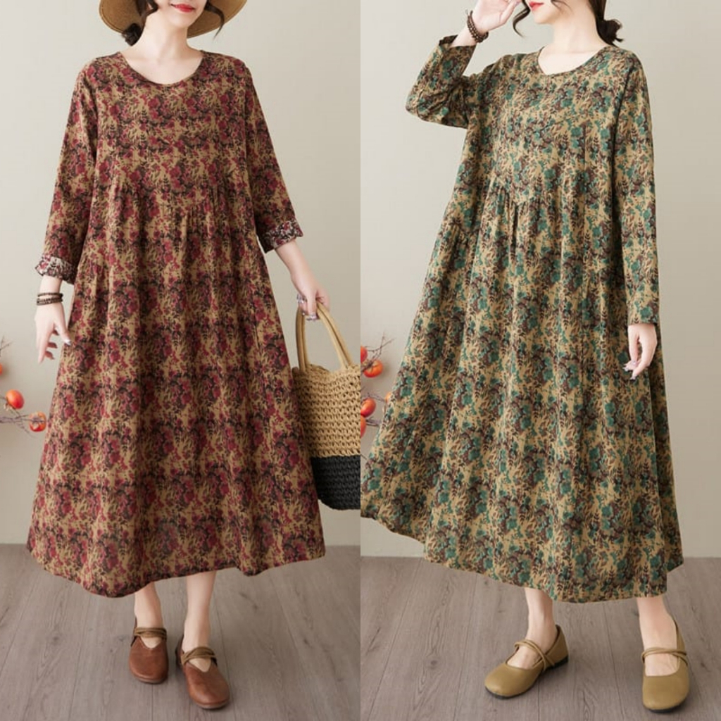 LC2033 Premium Oversized Midi Dress Katun Linen Motif Abstrak Fashion Retro Terbaru