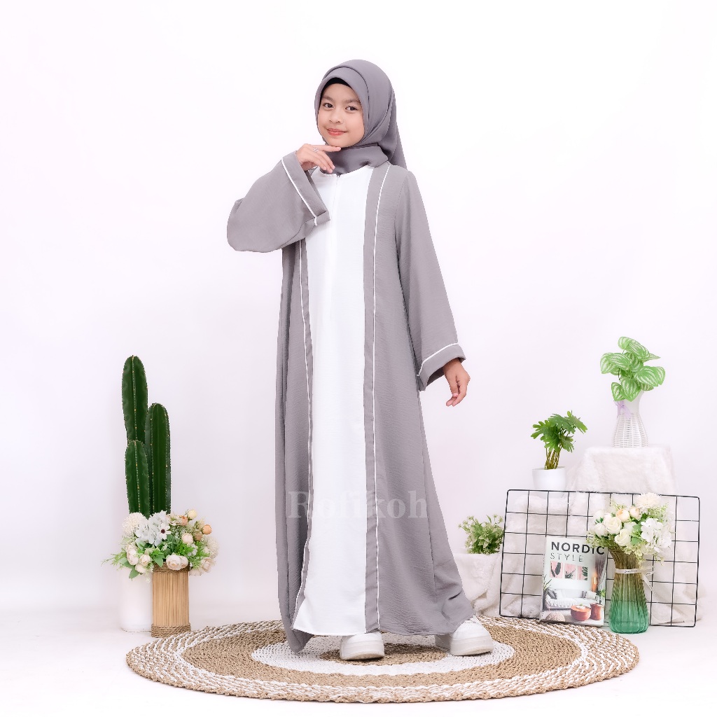 Gamis Muslim Abu-abu Lengan Panjang Luna Abaya | Gamis Two Tone Dua Warna Turkey Maxi Dress Arab Sau