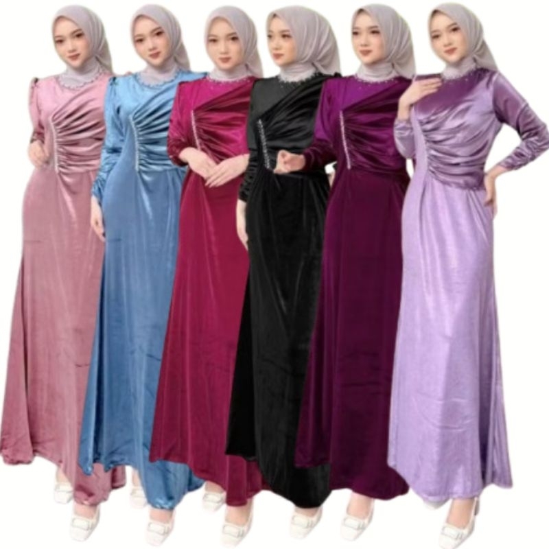 Malva Dress Muslimah Pesta Lebaran Bludru Payet Mutiara Gamis Kondangan Ld 110 Size XL