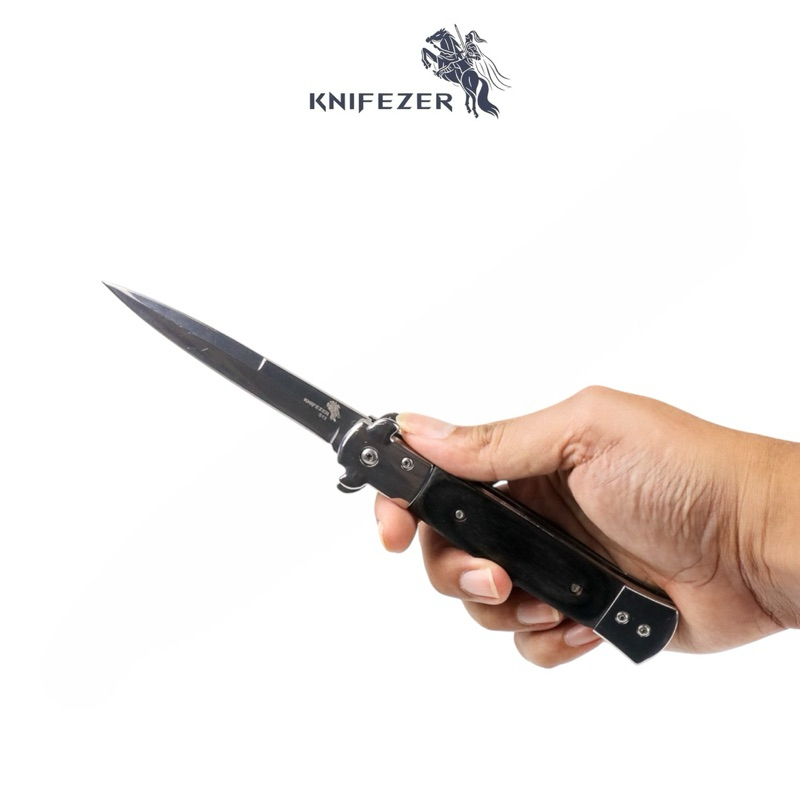 KNIFEZER Pisau Saku Lipat Folding Portable Knife Tool Wood Grip - S12 - Black waralab