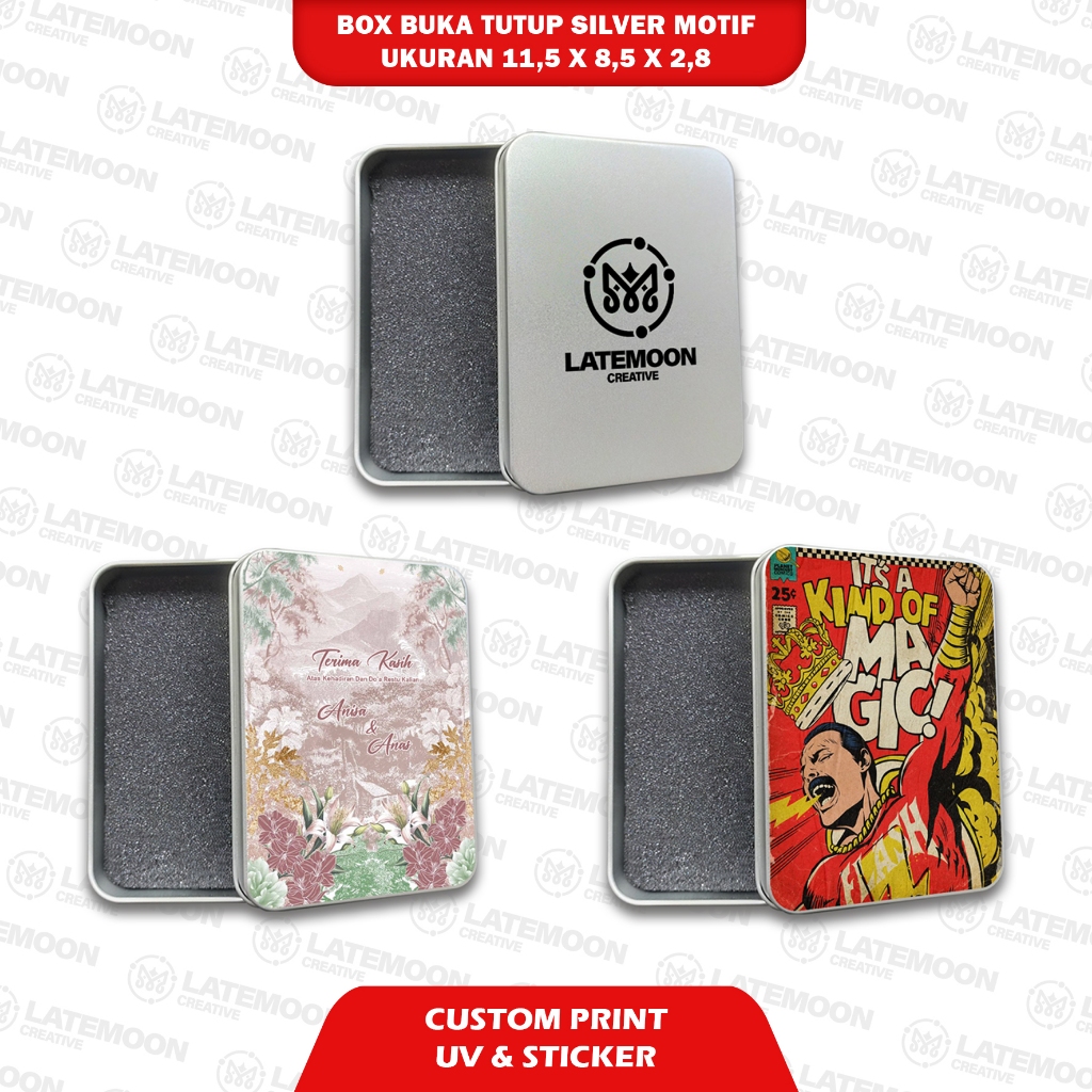 

BOX SILVER BUKA TUTUP CUSTOM PRINT UV/STICKER UKURAN 11,5 X 8,5 X 2,8
