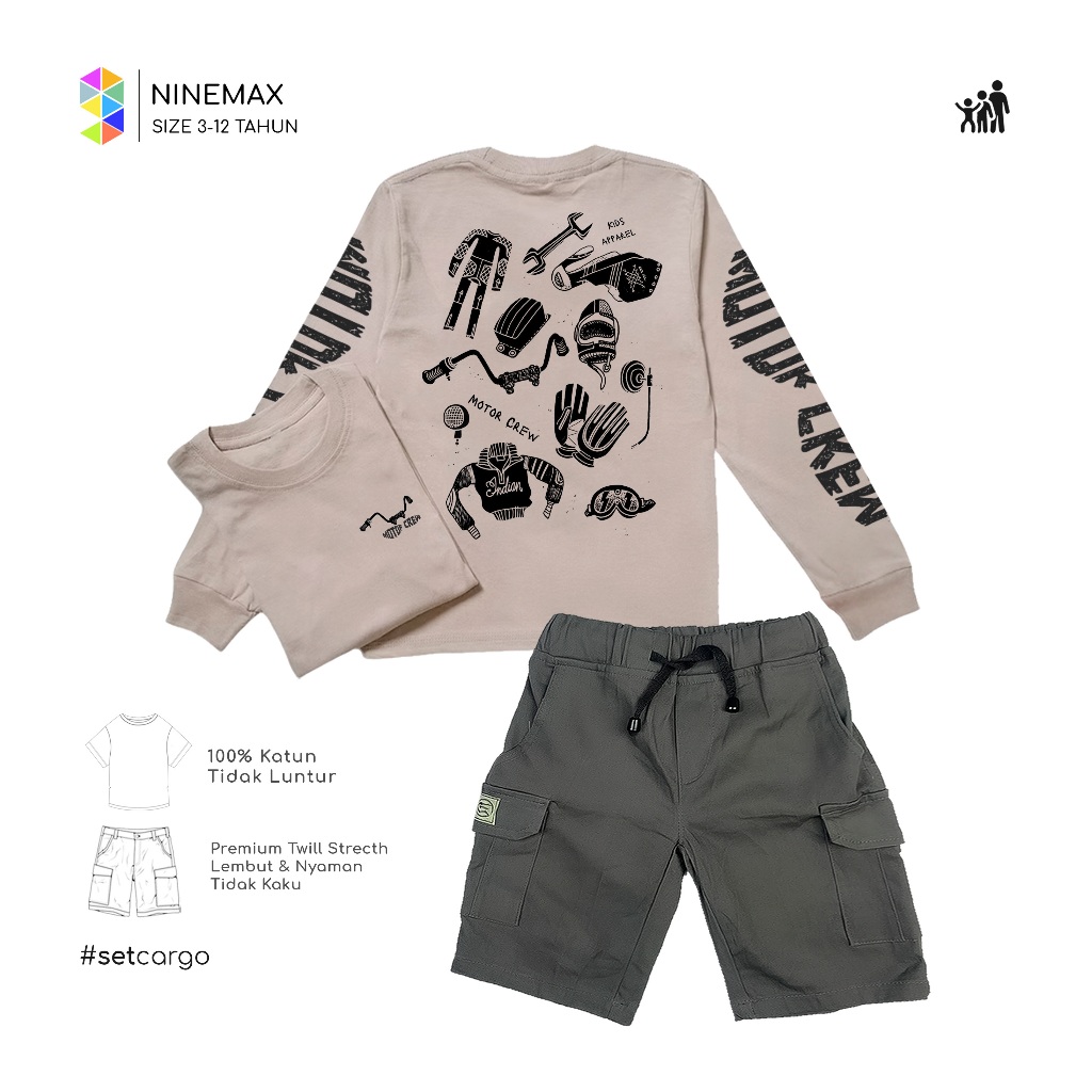 9MAX Motor Crew Stelan Kaos Anak Lengan Panjang Dan Celana Cargo Chinos Pendek Usia 3-12th Terlaris