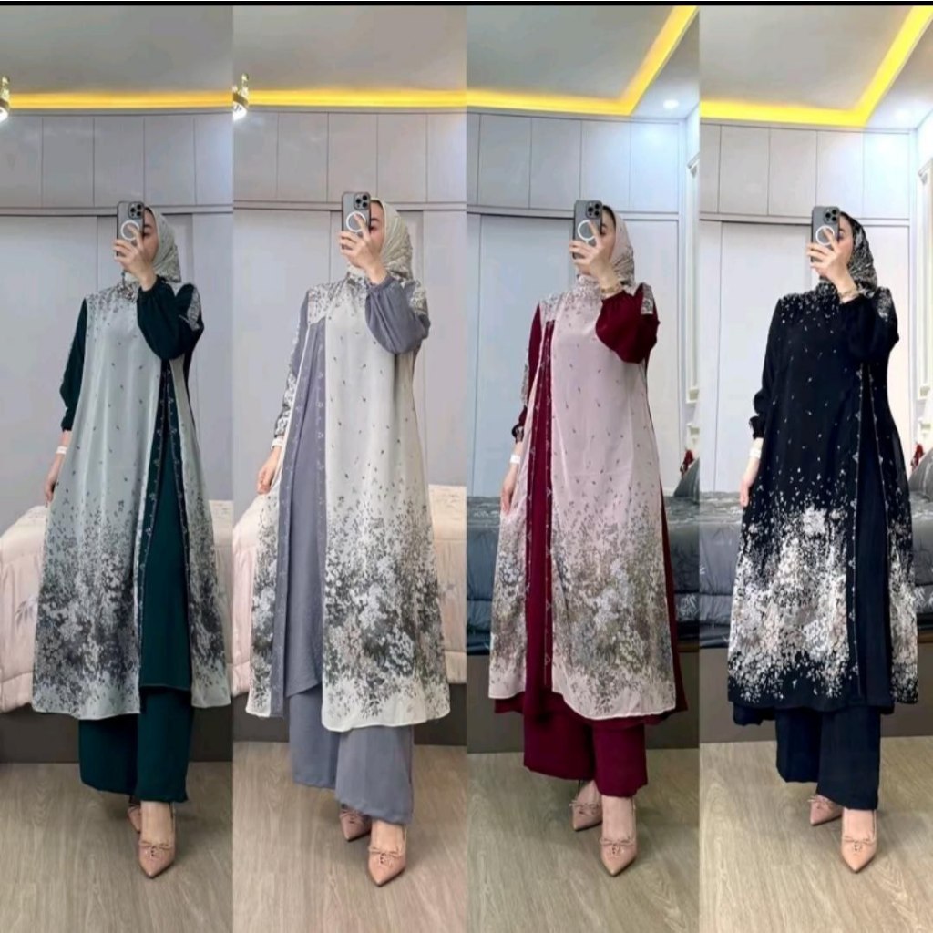 BEST SELLER . SETELAN LONG TUNIK SET HIJAB BUSUI FRIEDLY MOTIF BUNGA KEKINIAN MODEL BARU MEWAH
