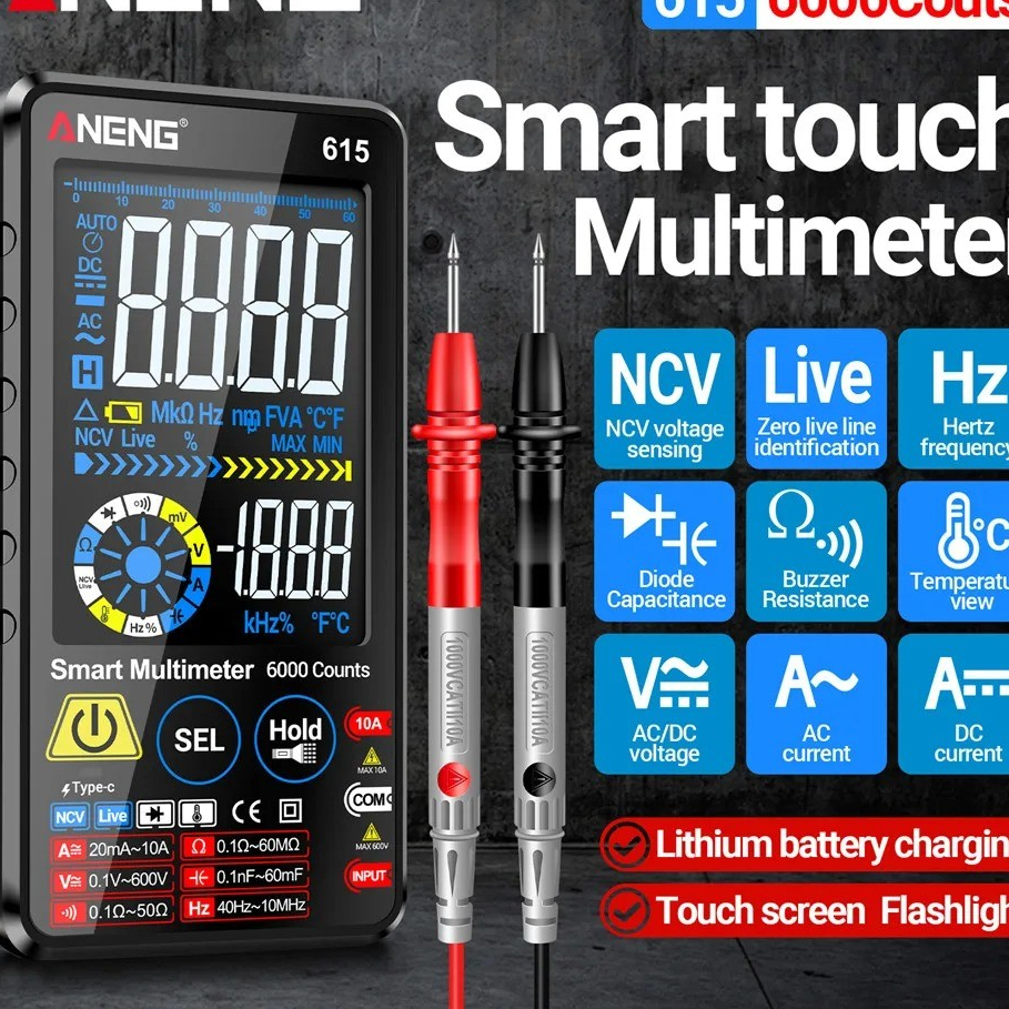 Digital Multimeter Touchscreen NCV Lighting 6000 Count 700mAh - 615
