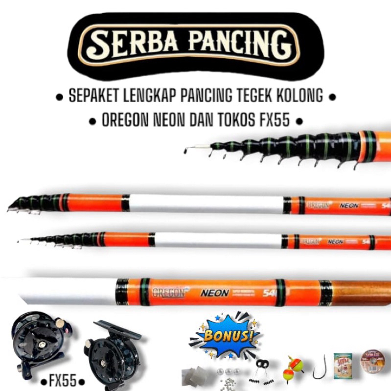 Set Pancing Lengkap Joran Pancing Tegek Oregon Neon Kolong 180-540Cm Dan Tokos Fx55 Dapat Bonus