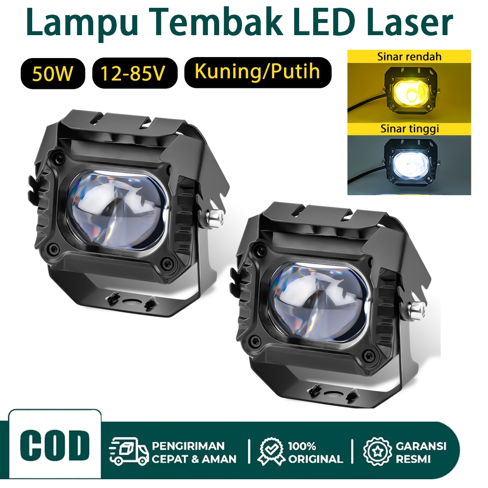 2PC Lampu Tembak LED Laser D2 Kotak 50 Watt 12-85V 2 Warna Putih Kuning Superbright Lampu kabut