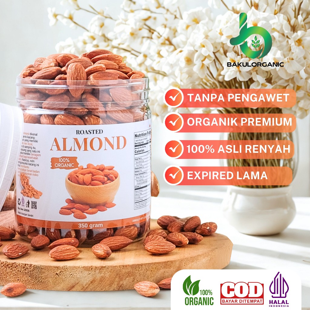 

Bakulorganic Kacang Almond 100% Original Roasted Panggang Premium Organik Kupas