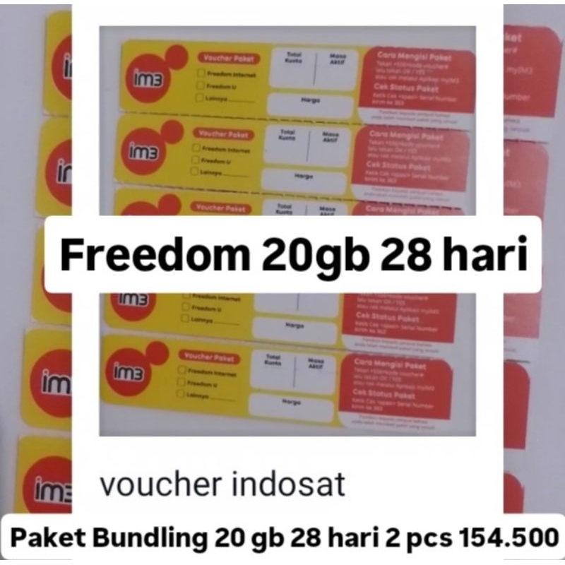 Voucher Indosat 20 gb 28 hari bundlung 2 pcs 154.500
