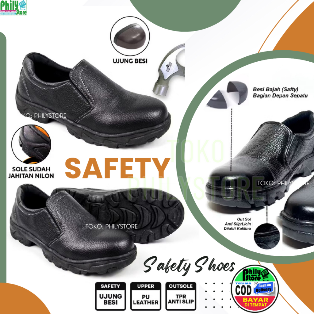 SEPATU SAFETY SLIP ON PRIA SEPTY SLIP ON TANPA TALI SEPATU SAFETY SEMI BOOTS PRIA KULIT SAFETY TANPA