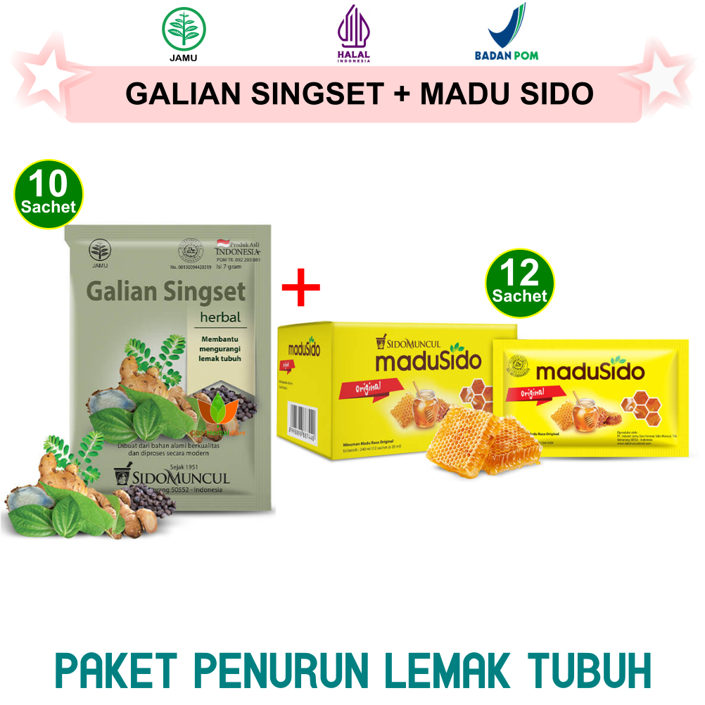 PAKET HERBAL PELANGSING DIET SUSUT PERUT WANITA : 10 SACHET JAMU GALIAN SINGSET SIDOMUNCUL dan 12 SA