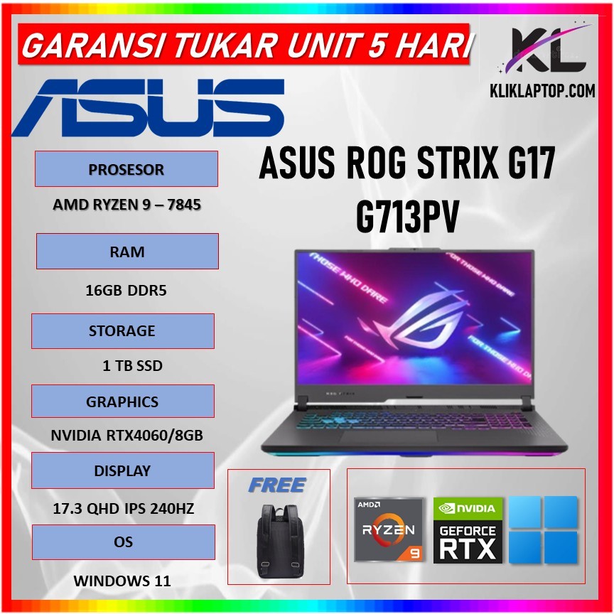 Asus Rog Strix G17 G713PV Ryzen 9 7845 RTX4060 8GB/ 16GB 1TB Windows 11 17.3 QHD IPS 240Hz
