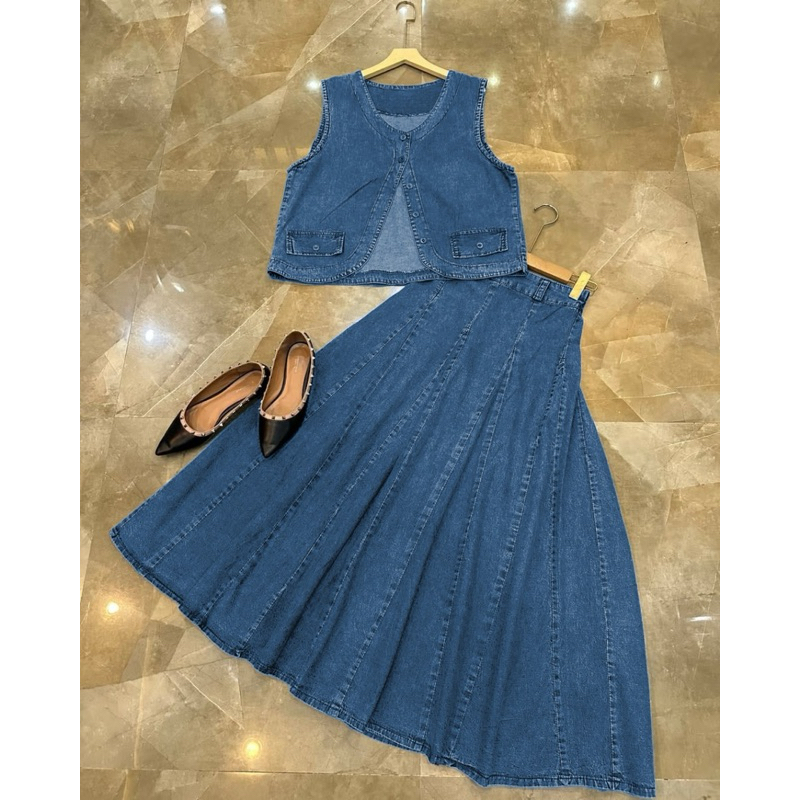 Setelan Rok Jeans. Setelan Rompi Jeans. Baju Jeans Wanita. One Set Jeans wanita. Monalisa Vest Set