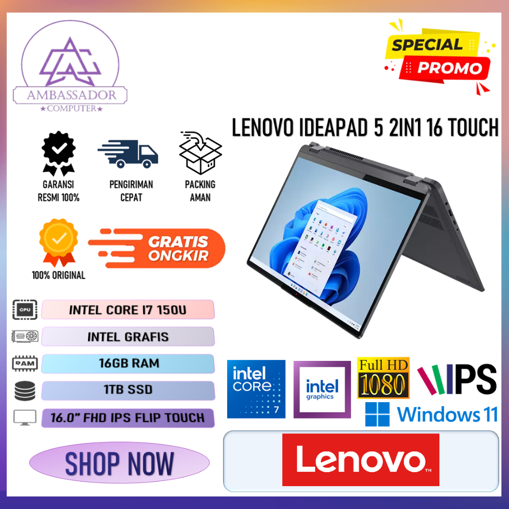 Lenovo ideapad 5 2in1 16 touch intel core I7 150U ram 16gb ssd 1tb layar 16.0" full hd ips