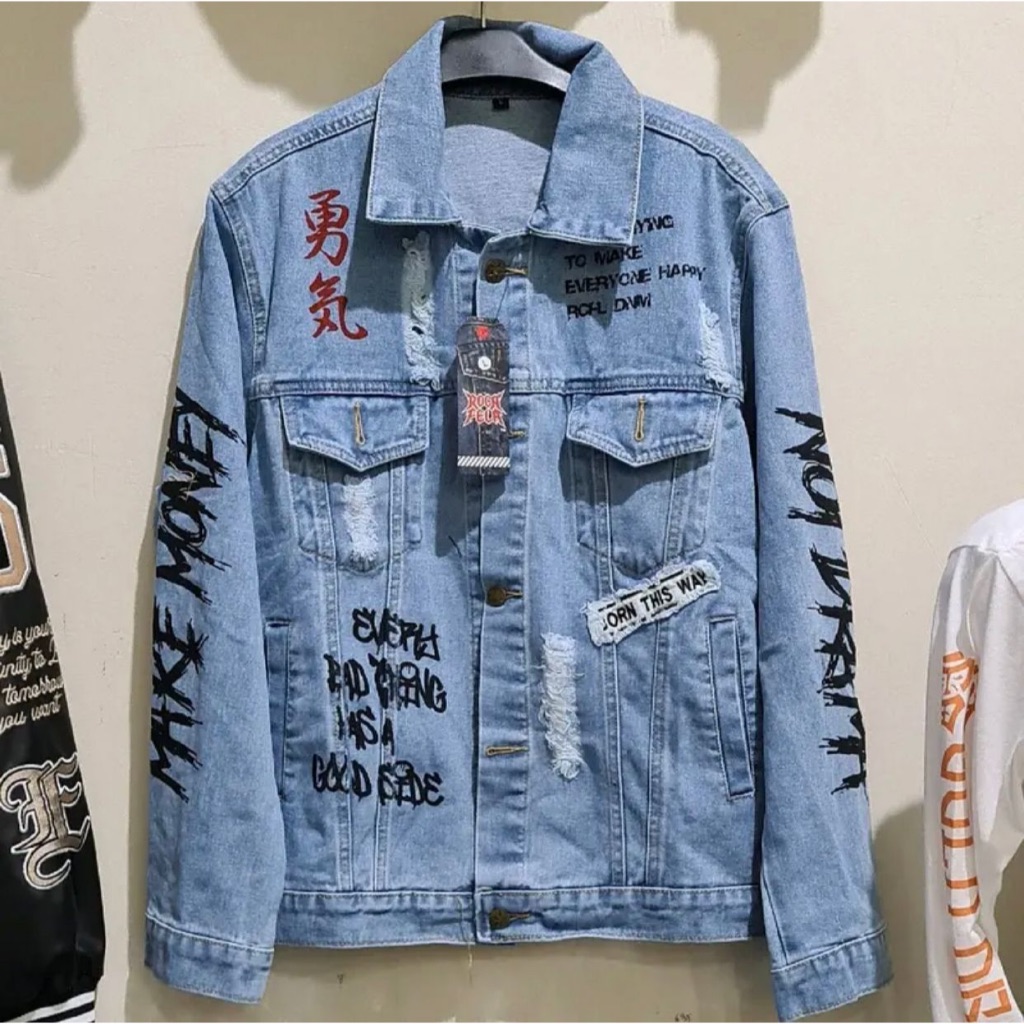 EIGHTEEN-jaket jeans pria motif full sablon printing bahan denim jeans tebal berkerah