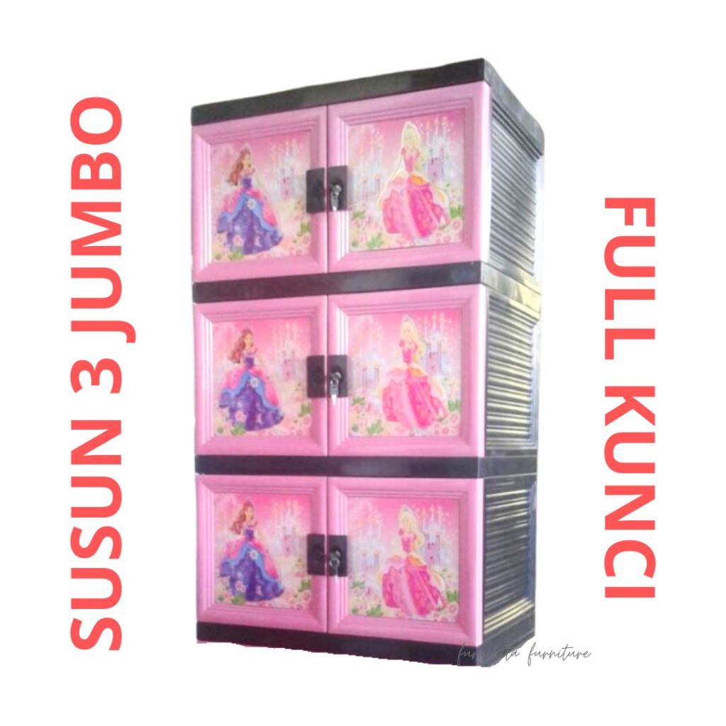 LEMARI PAKAIAN PLASTIK KACA JUMBO PRINCESS HELLO KITTY PINK KUNCI