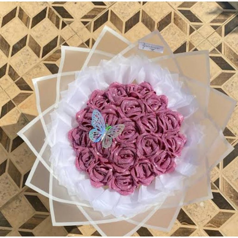 

buket pita satin 10 tangkai glitter ,kupu²+kertas tisu