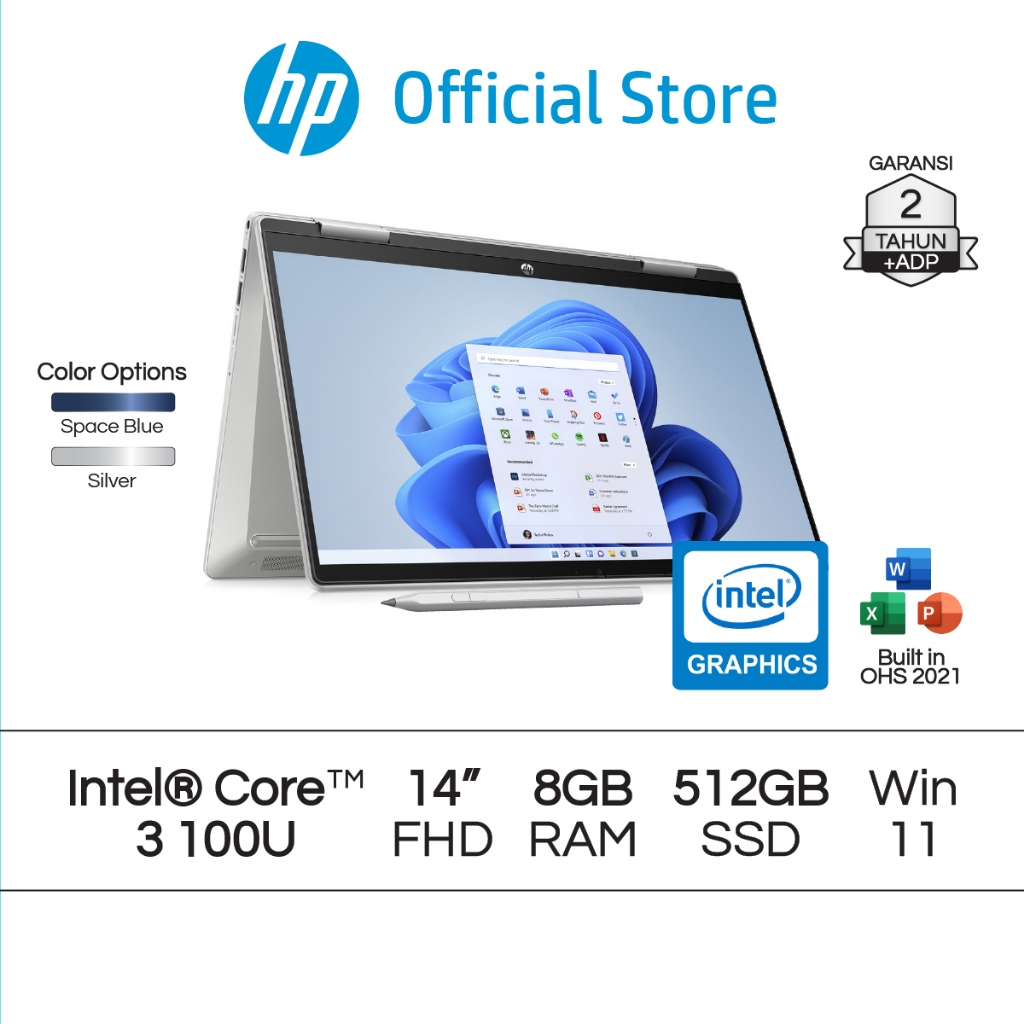 Laptop HP Pavilion x360 2 in 1 Intel Core 3 Intel Graphics 8GB RAM 512GB SSD Blue Windows 11 Home 14