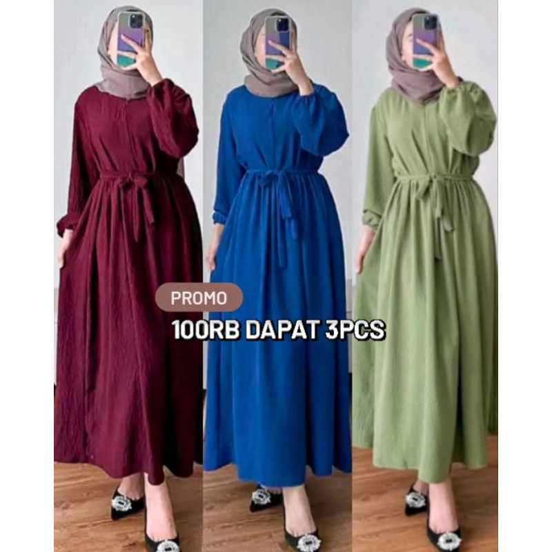 PROMO 100RB Dapat 3PCS Gamis Polos Bahan Crinkle Airflow Premium Terbaru Busui Friendly Simple Elega