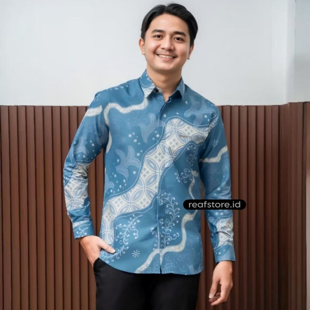 Kemeja Batik Pria Lengan Panjang Warna Biru Denim Formal Casual Baju Batik Kantor Cowok Terbaru