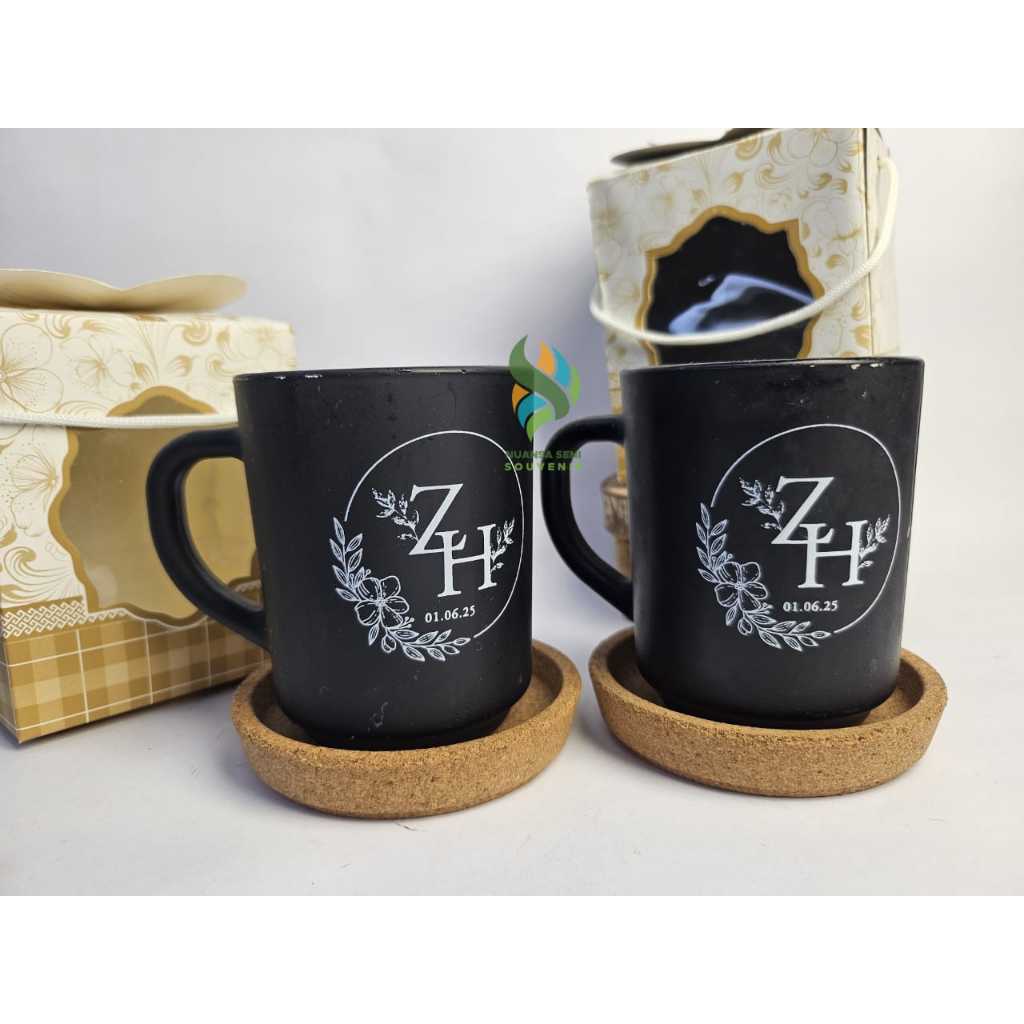 Souvenir Pernikahan Tumbler Mug Kaca Doff Hitam Cangkir Kopi Gagang Beling Gelas Sablon Kemas Box