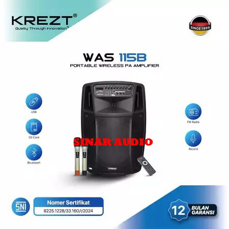 SPEAKER PORTABLE KREZT WAS115B SPEAKER 15 INCH BLUETOOTH WAS 115B KREZT WAS-115B ORIGINAL