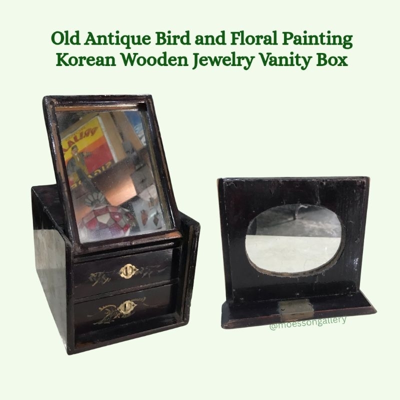 Tempat Kotak Perhiasan dan Kosmetik Kayu Korea Lukis Tangan Burung dan Bunga Lawas Antik