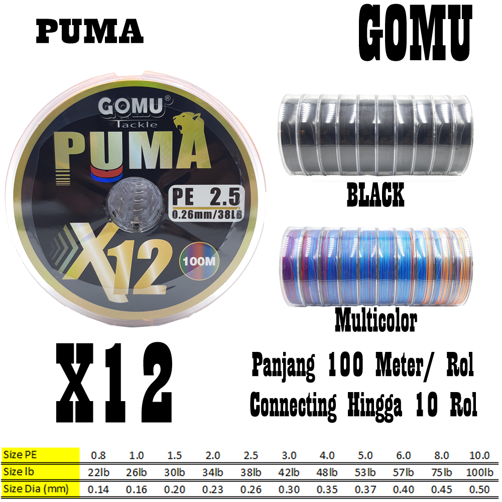 Senar PE Gomu Puma X12 100 Meter Connecting Multicolor dan Black